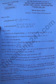 Đề thi môn Toán tuyển sinh lớp 10 vào THPT Chuyên Nghệ An