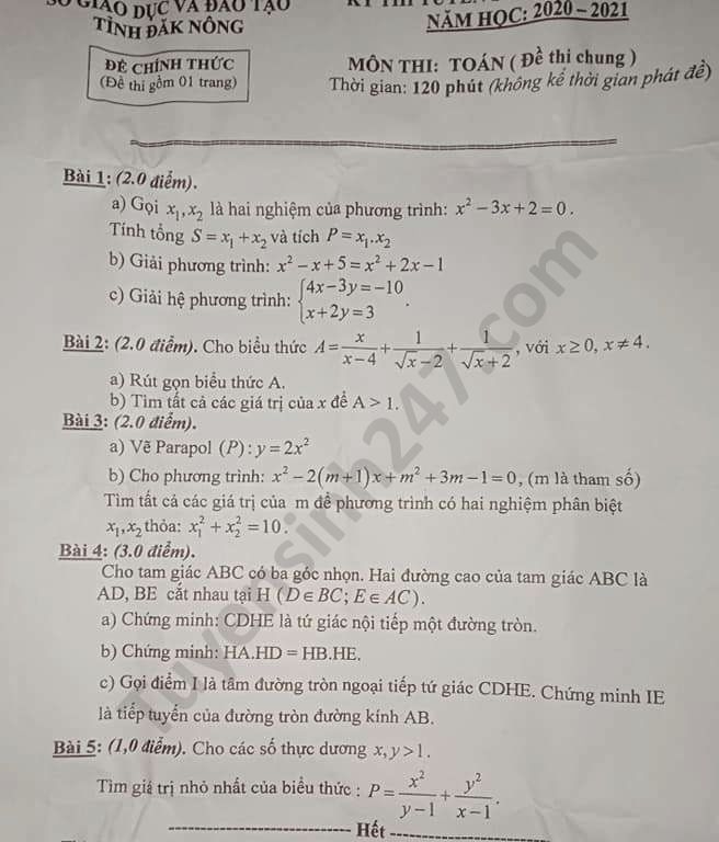 Đáp án đề thi môn Toán tuyển sinh lớp 10 vào THPT tỉnh Đắk ...