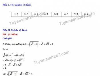 Đáp án đề thi môn Toán tuyển sinh lớp 10 vào THPT tỉnh Nam Định năm 2020