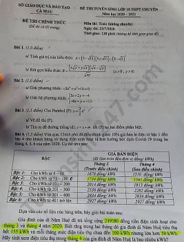 Đề thi môn Toán tuyển sinh lớp 10 vào THPT Chuyên Cà Mau năm 2020