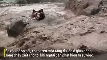Video: 3 cậu bé ngồi co ro trên tảng đá giữa dòng nước lũ