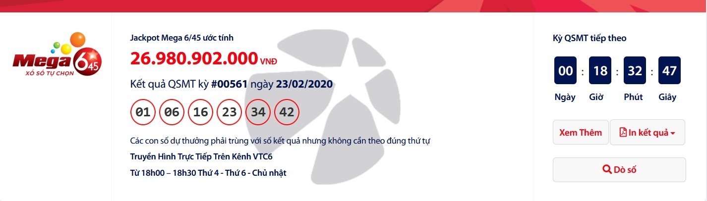 ket qua xo so vietlott mega 645 toi ngay 2622020 ai trung hon 26 ti dong