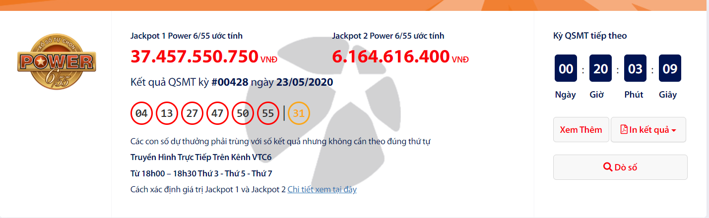Kết quả xổ số Vietlott Power 6/55 tối ngày 26/5/2020: Ai vừa trúng hơn 43 tỉ đồng?