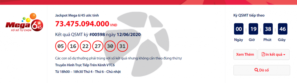 Kết quả xổ số Vietlott Mega 6/45 tối 14/6/2020: Cuối tuần "nổ" 1 vé hơn 73 tỉ?