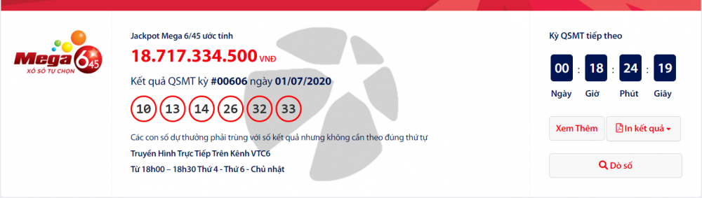Kết quả xổ số Vietlott Mega 6/45 tối ngày 3/7/2020: "Nổ" tiếp hơn 18 tỉ đồng?