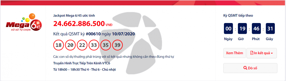 Kết quả xổ số Vietlott Mega 6/45 tối ngày 12/7/2020: Hé lộ vị khách trúng hơn 24 tỉ đồng