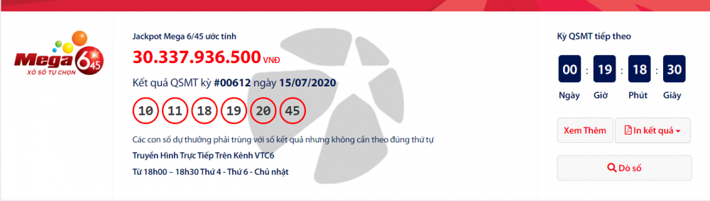 Kết quả xổ số Vietlott Mega 6/45 tối ngày 17/7/2020: Ai vừa "ẵm" hơn 30 tỉ đồng?