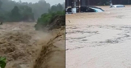 Clip: Mưa lớn ở Hà Giang, hàng loạt ô tô và xe máy chìm trong biển nước