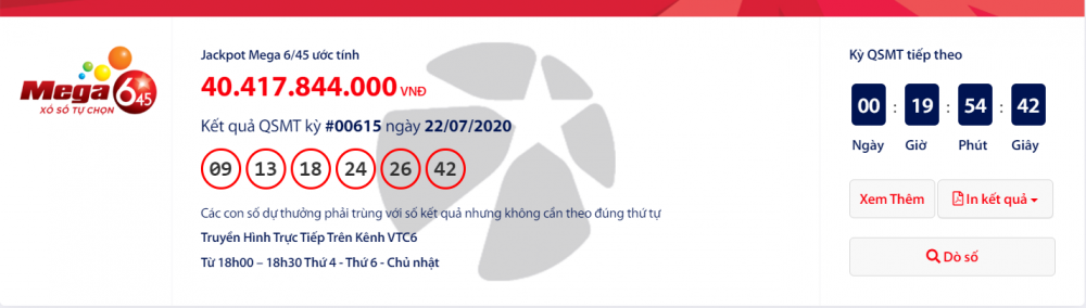 Kết quả xổ số Vietlott Mega 6/45 tối ngày 24/7/2020: Hơn 40 tỉ đồng lại "xịt"?