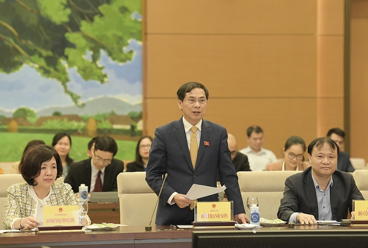 Thứ trưởng Thường trực Bộ Ngoại giao Bùi Thanh Sơn, Ủy viên Ủy ban Đối ngoại của Quốc hội phát biểu ý kiến tại Hội nghị.