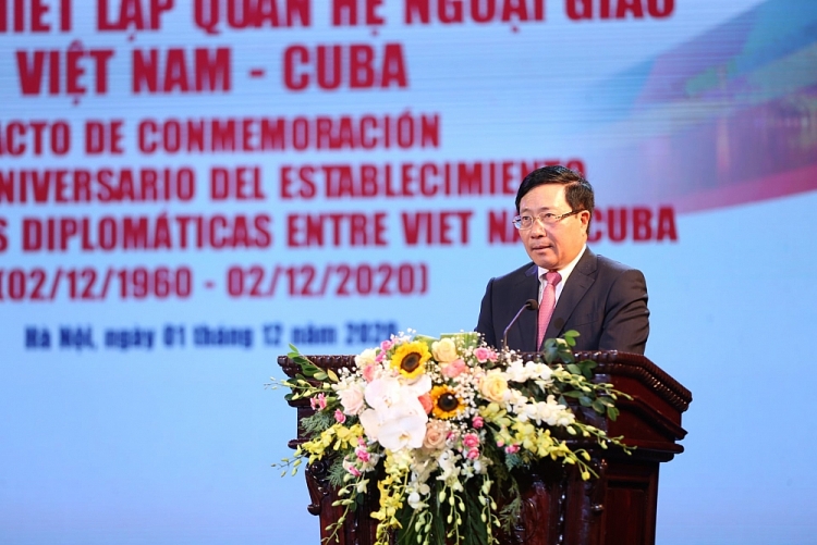 Phó Thủ tướng Phạm Bình Minh phát biểu tại Lễ mít tinh Kỷ niệm 60 năm thiết lập quan hệ ngoại giao Việt Nam - Cuba.(Ảnh: TV)
