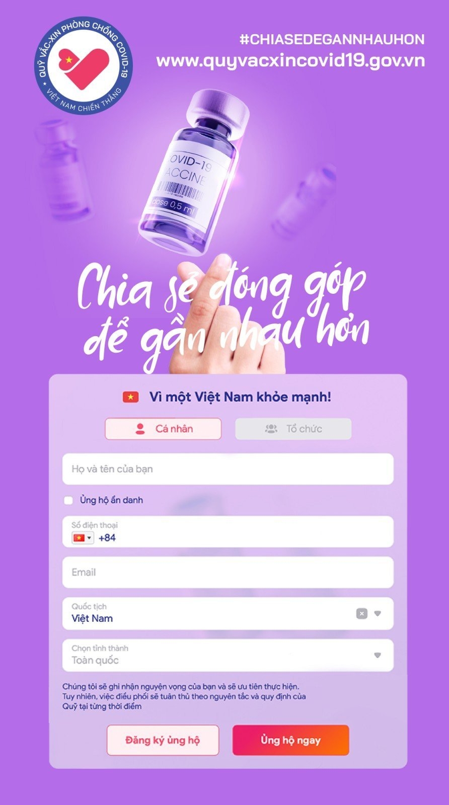 Chung tay góp quỹ vaccine Covid-19 dễ dàng qua website vì một Việt Nam khỏe mạnh