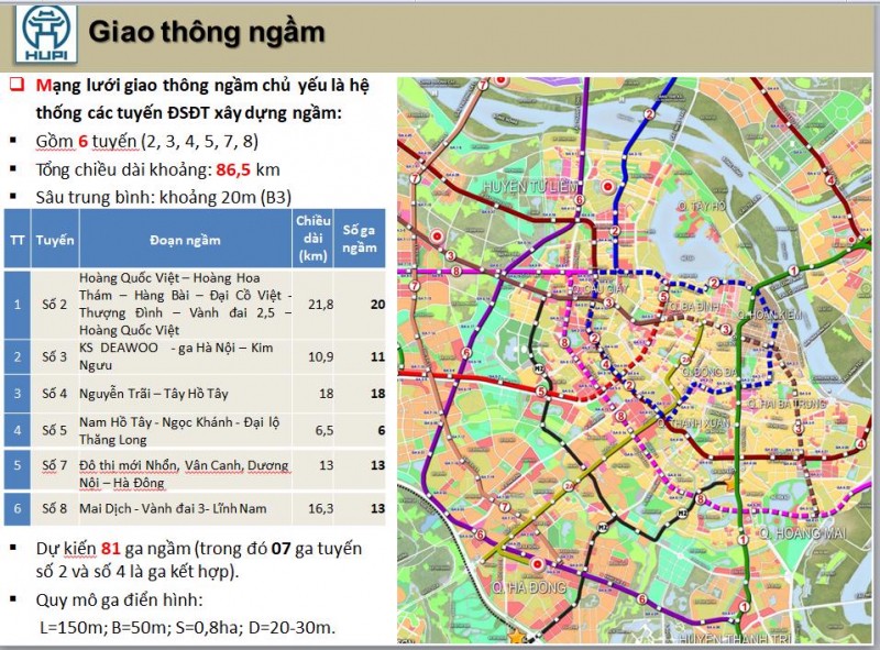 Sơ đồ bản vẽ quy hoạch giao thông ngầm đô thị trung tâm TP Hà Nội đến năm 2030, tầm nhìn đến năm 2050.