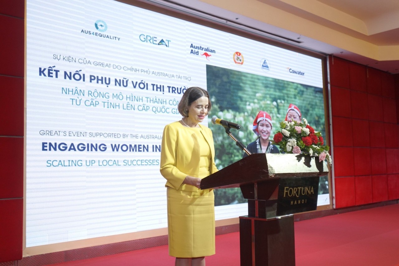 Robyn Mudie, Đại sứ Australia tại Việt Nam đã phát biểu khai mạc Hội thảo Quốc gia và Lễ Tổng kết dự án với chủ đề: Kết nối phụ nữ với thị trường - Nhân rộng mô hình thành công từ cấp tỉnh lên cấp quốc gia của dự án GREAT 