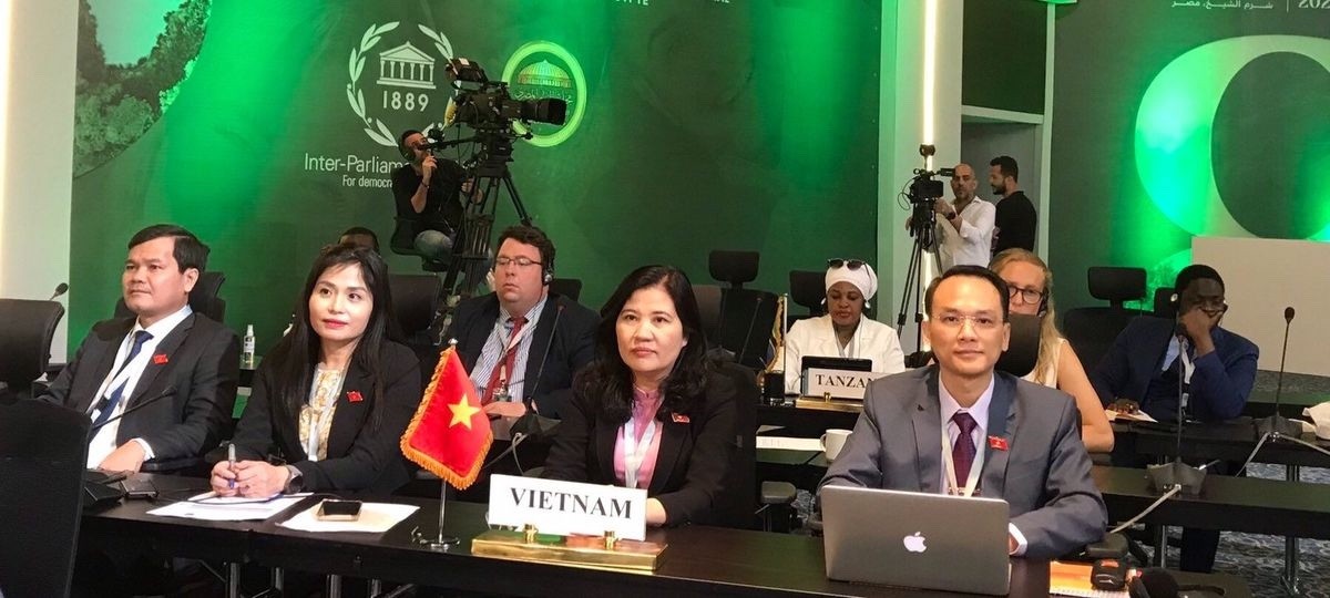 Đoàn nghị sĩ trẻ Việt Nam tham gia các phiên thảo luận về chống biến đổi khí hậu tại Diễn đàn nghị sĩ trẻ. Ảnh: Đoàn cung cấp