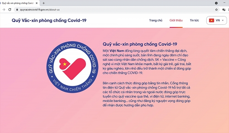 Website của Quỹ Vắc xin phòng chống Covid-19 là nơi tiếp nhận sự ủng hộ của các tổ chức, cá nhân trong và ngoài nước (ảnh: Đ.Minh).