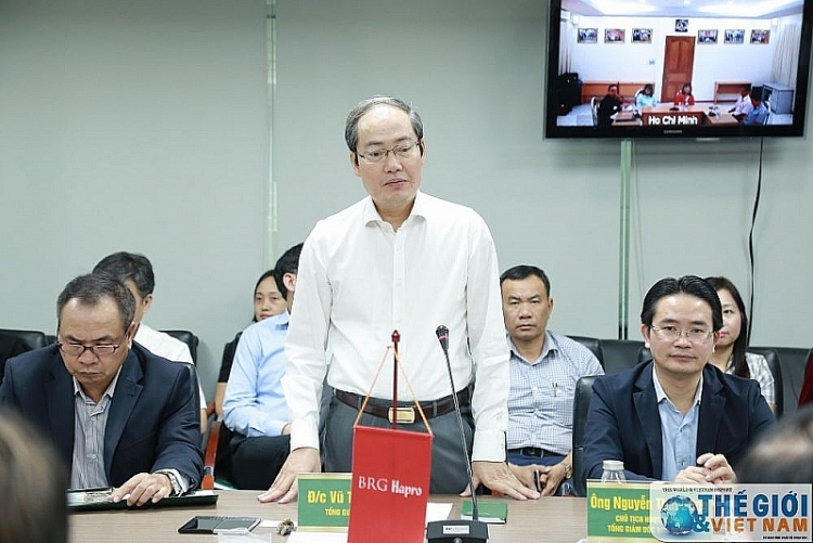 Tổng giám đốc Hapro Vũ Thanh Sơn phát biểu tại buổi làm việc. (Ảnh: Trung Hiếu)