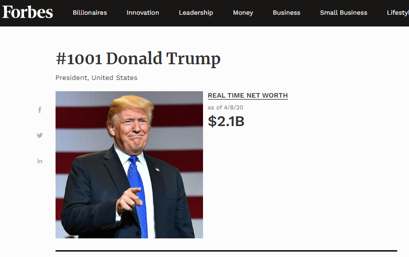 Vì COVID-19, tài sản của Tổng thống Trump sụt giảm 1 tỷ USD chỉ trong 1 tháng