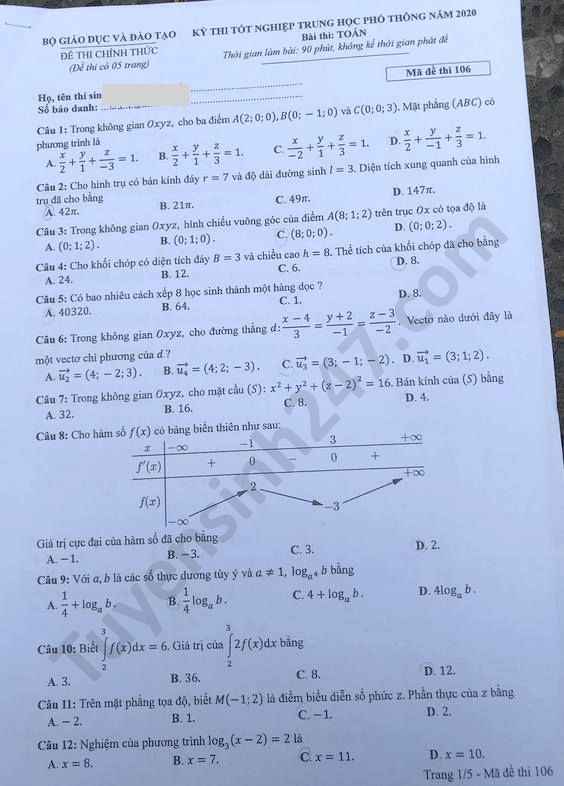 Gợi ý đáp án môn Toán mã đề 106 thi tốt nghiệp THPT quốc gia 2020