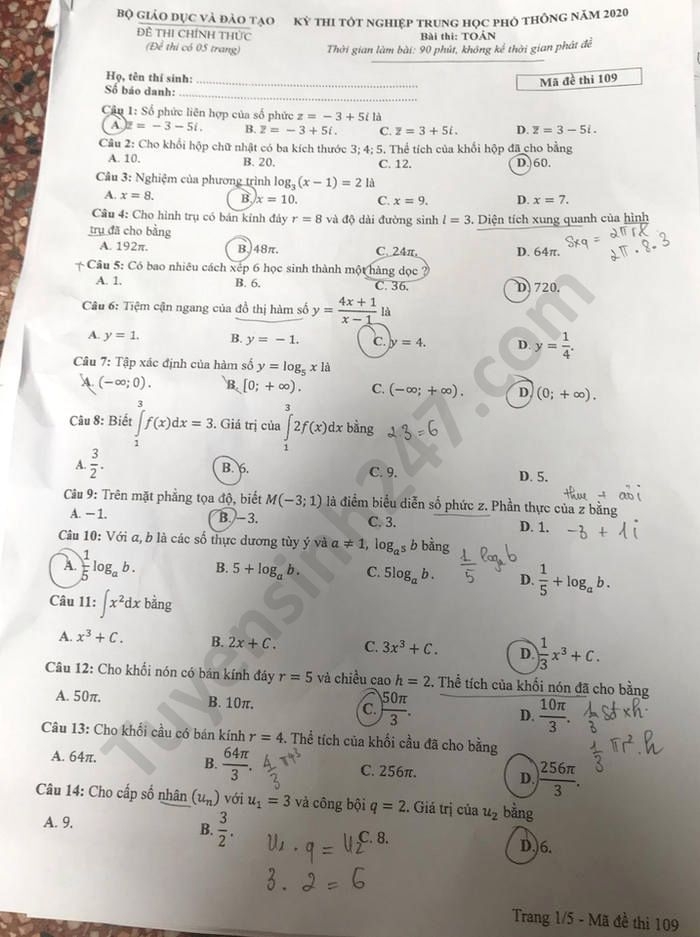 Gợi ý đáp án môn Toán mã đề 109 thi tốt nghiệp THPT quốc gia 2020