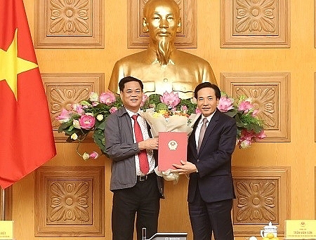 Bí thư Đảng ủy Khối các cơ quan Trung ương Huỳnh Tấn Việt trao quyết định cho ông Trần Văn Sơn (Ảnh: VGP)