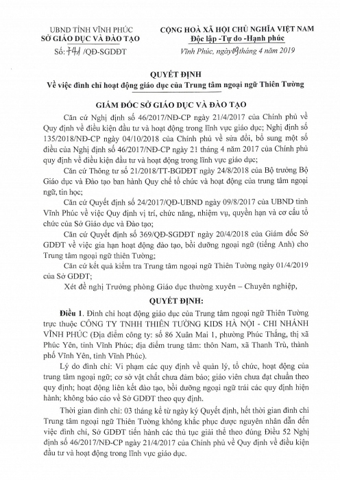 ket luan thanh tra chi ra nhieu vi pham day ky nang song cua thien tuong kids tai vinh phuc