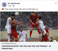 Fanpage của Heereveen đăng status chúc mừng Văn Hậu và tuyển Việt Nam