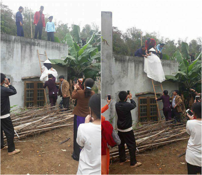 co dau bac thang treo tuong vao nha chong trong ngay cuoi gay soc