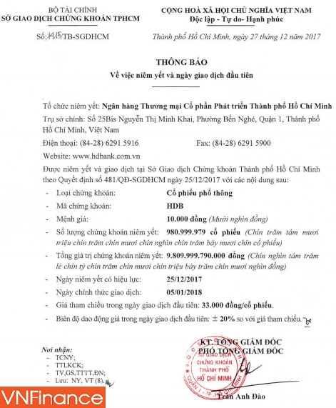 gan 1 ty co phieu cua ngan hang hdbank se chao san hose vao ngay 05012018