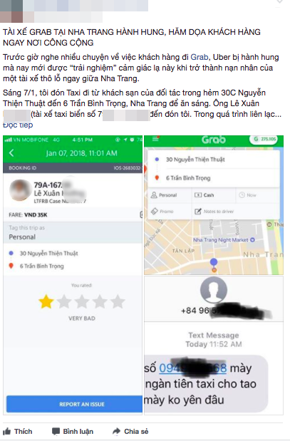 tai xe grabtaxi o nha trang dam thang vao mat khach hang vi doi so tien gap 25 lan gia cuoc khong duoc