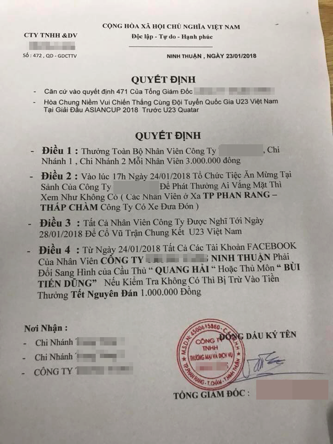 sep cua nam thuong moi nhan vien 3 trieu dong cho nghi luon de co vu chung ket neu u23 vo dich thuong tiep moi nhan vien 3 thang luong