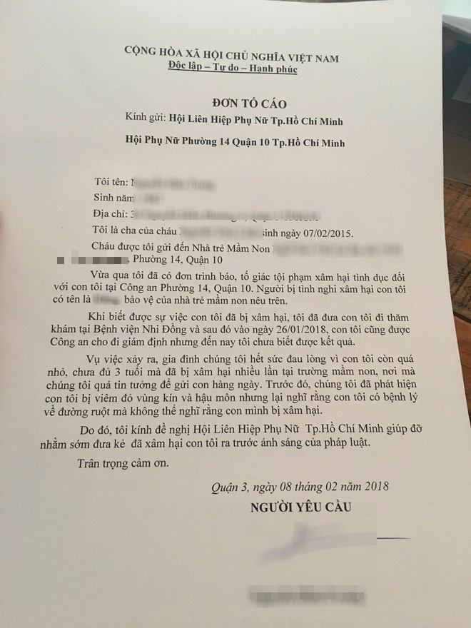 tphcm be gai 3 tuoi nghi bi bao ve xam hai tai truong mam non bo me nghi viec di cau cuu co quan chuc nang