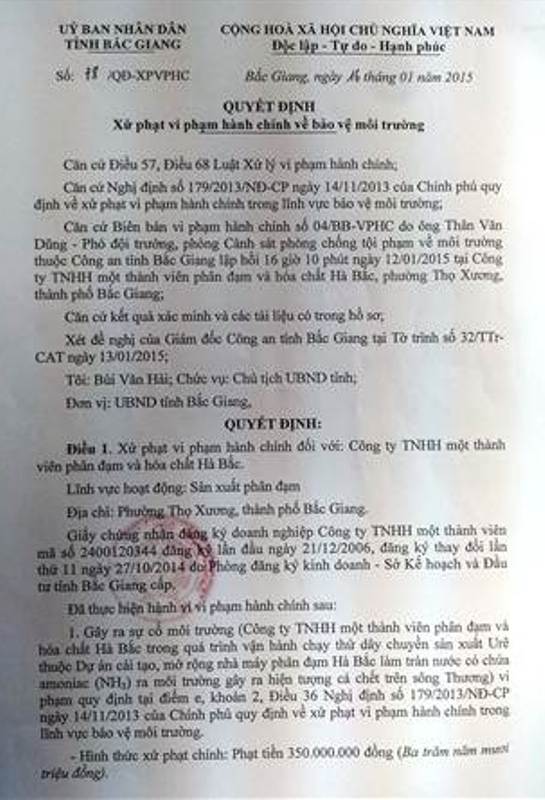cong ty tnhh phan dam va hoa chat ha bac chua bao cao khac phuc lai tiep tuc gay o nhiem