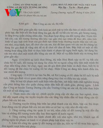 cong an nghe an canh bao tinh trang bat coc tre em