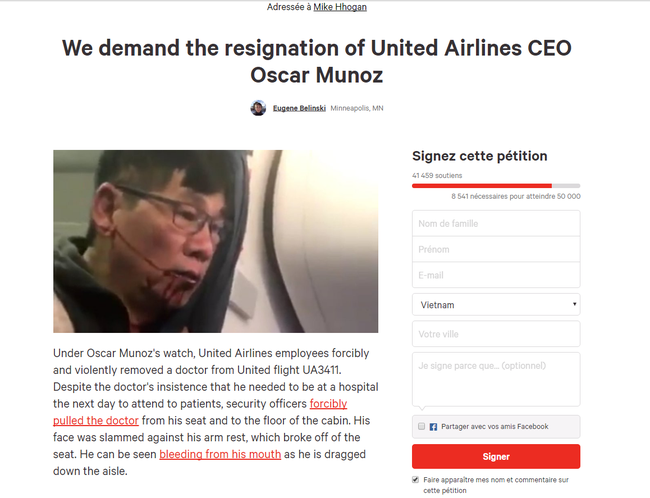 hon 40000 nguoi ky ten yeu cau ceo cua hang united airlines tu chuc