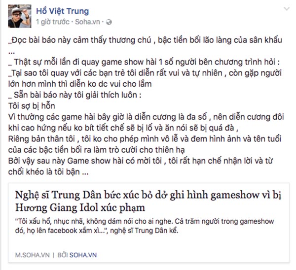 phan ung cua sao viet truoc cau noi xuc pham nghe si trung dan cua huong giang idol