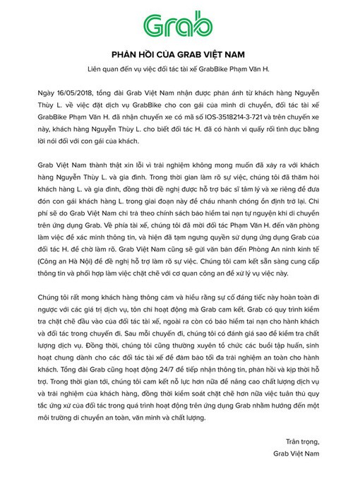 grab de nghi duoc ho tro bac si tam ly va xe rieng dua don be gai 9 tuoi nghi bi tai xe cua hang quay roi