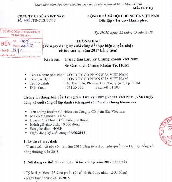 vinamilk chuan bi tra co tuc dot cuoi nam 2017 bang tien ty le 15