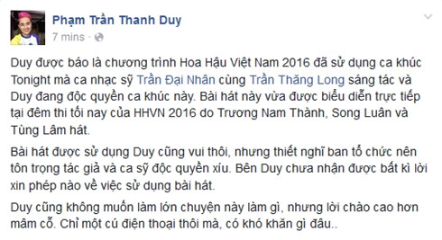 thanh duy nhac nho btc hoa hau viet nam 2016 su dung ca khuc doc quyen