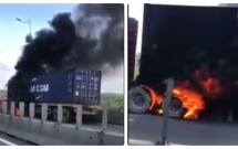 sai gon xe container bat ngo boc chay ngun ngut tren cao toc long thanh cau giay