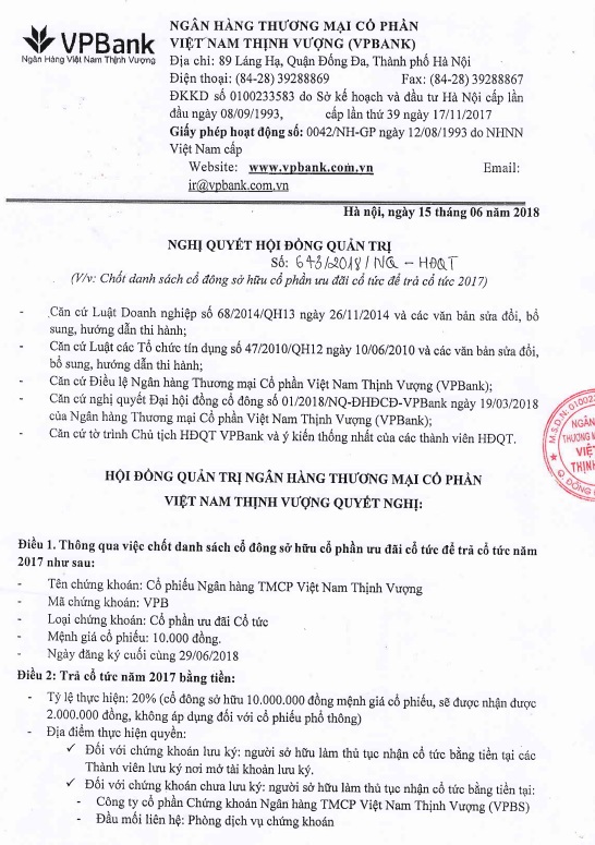 vpbank chuan bi chot danh sach co dong de tra co tuc bang tien ty le 20