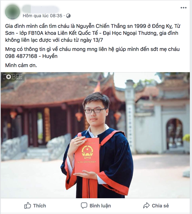 nam sinh vien ngoai thuong nghi buon chuyen hoc tap mat lien lac voi gia dinh phat hien co song dien thoai ngay cho gia dinh sinh song