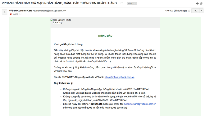 vpbank len tieng ve email gia danh duoc gui cho khach hang de danh cap thong tin the tin dung