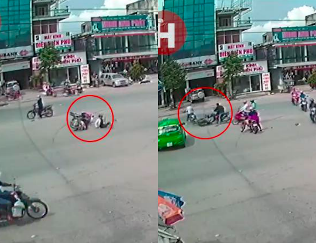 clip phong xe tong thang vao nguoi phu nu dang sang duong nam thanh nien bo chay roi tong tiep vao 2 xe khac