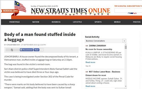 tim thay thi the mot nguoi viet bi nhet trong vali o malaysia