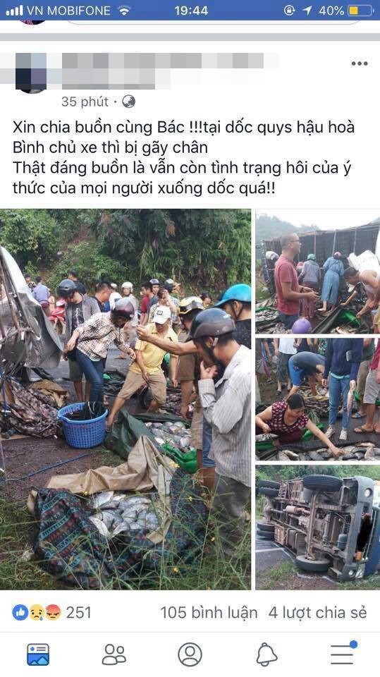 xe tai cho ca bi lat nhieu nguoi dan hoa binh giup do thu gom ca vuong vai tren duong roi mua ung ho tai xe