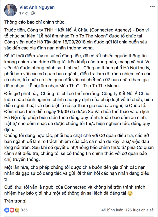 cong ty to chuc le hoi am nhac gui loi chia buon den gia dinh cac nan nhan khang dinh khong tron tranh trach nhiem