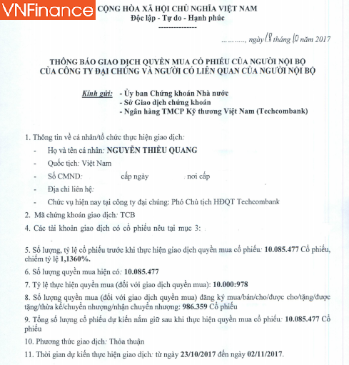 pho chu tich hdqt techcombank chuyen nhuong hang trieu quyen mua co phieu tcb cho con trai ruot