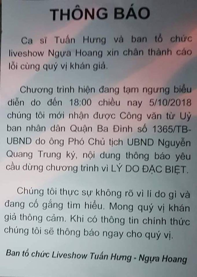 ubnd quan ba dinh ra thong bao chinh thuc ve viec dung show cua tuan hung