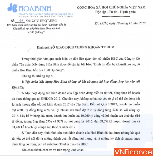 gia co phieu van giam hoa binh tiep tuc giai trinh khong bi khaisilk xu no nghin ty